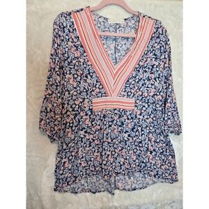 Fair Haven Women XXL Navy Blue Floral V-Neck 3/4 Sleeve‎ Empire Waist Blouse Top